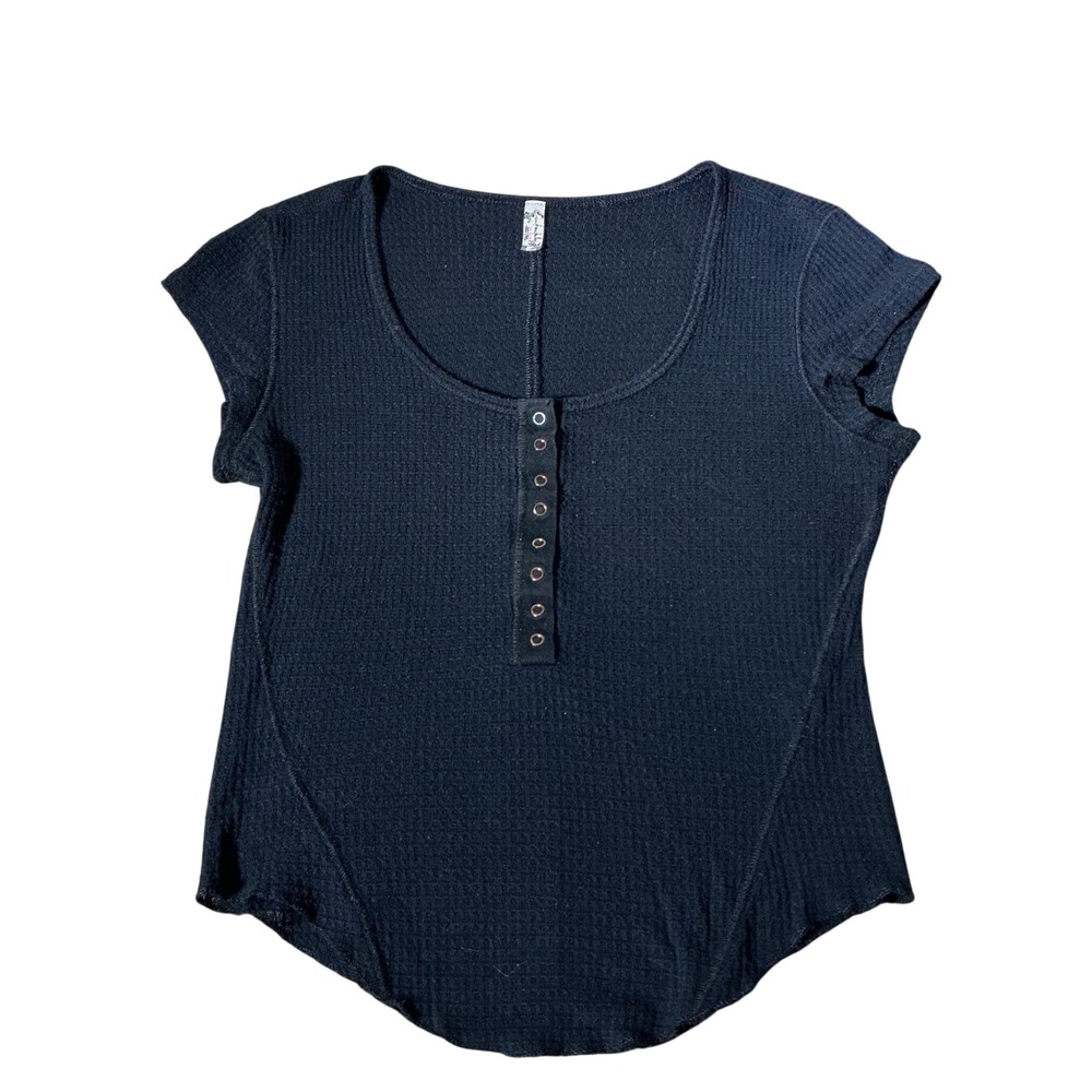 Free People Waffle Knit Henley Top Womens S Black Curved Hem OB1308953 Casual